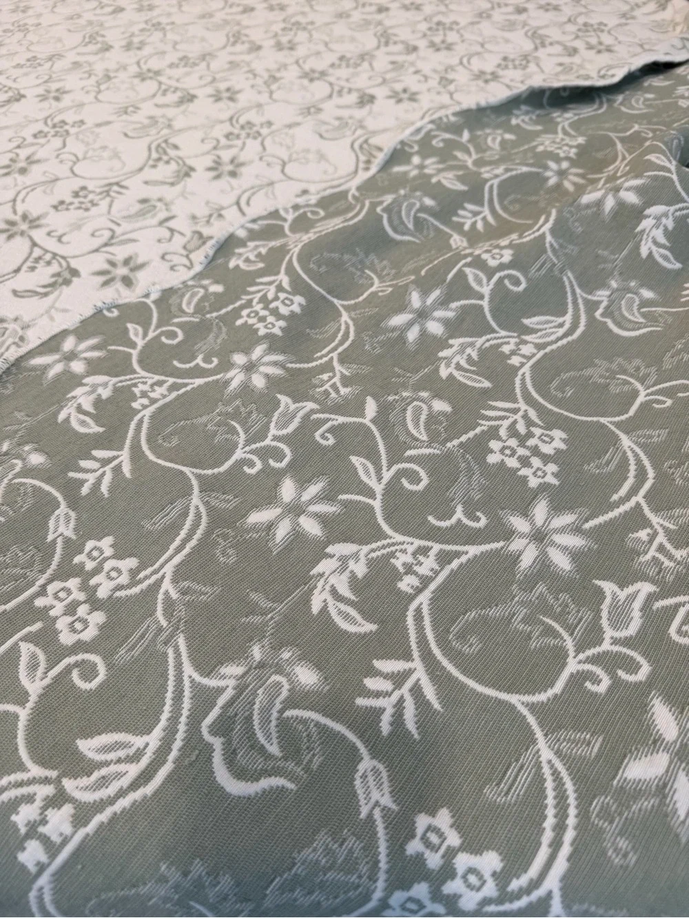 Floral Vine Jacquard Tablecloth sage green white reversible 83” x64” cotton blnd